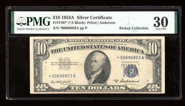DBR 1953-A $10 Silver STAR Fr. 1707* PMG 30 Serial *00696803A