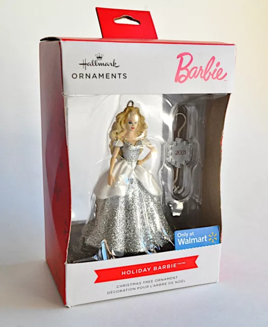 2021 Hallmark Holiday Barbie Ornament w Dated Hook Silver Glitter Dress Mattel