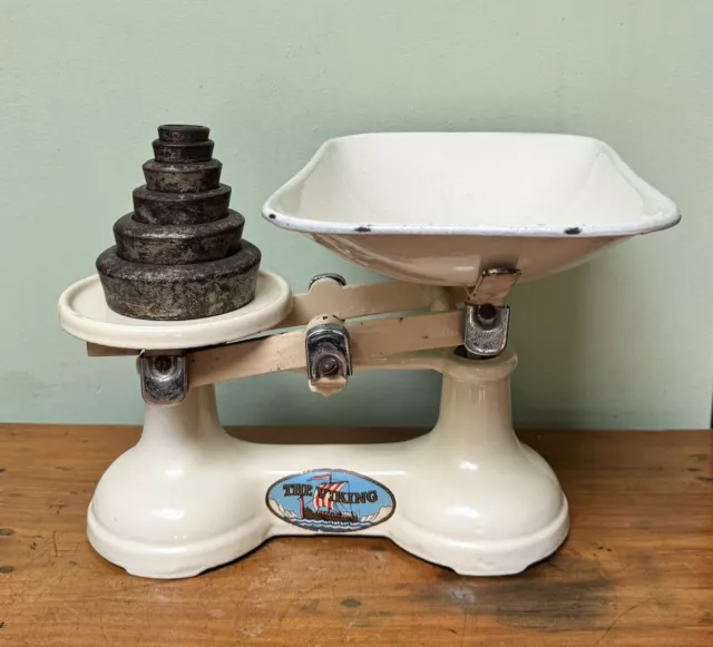 Antique Vintage “THE VIKING” F J THORNTON Kitchen Cream Enamel Cast Iron Scales