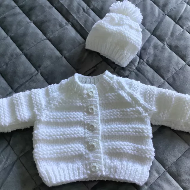 Baby Girls White  Chunky Hand Knitted Cardigan And Hat Set Age 0-3 Months 2