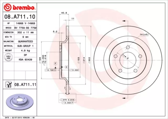 2x Bremsscheibe PRIME LINE - UV Coated BREMBO 08.A711.11 11 für CR19 MAZDA CW