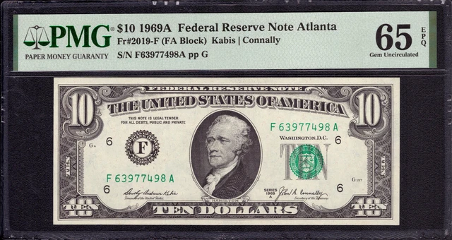 1969 A $10 Federal Reserve Note Atlanta Fr.2019-F Fa Block Pmg Gem Unc 65 Epq