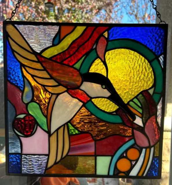 Hummingbird with many colors Stained Glass handmade Panel. 13"x 12 1/2" Square.