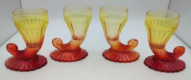 4 Jeanette Glass Horn of Plenty Cornucopia Vtg Art Deco Amberina Dessert Dishes