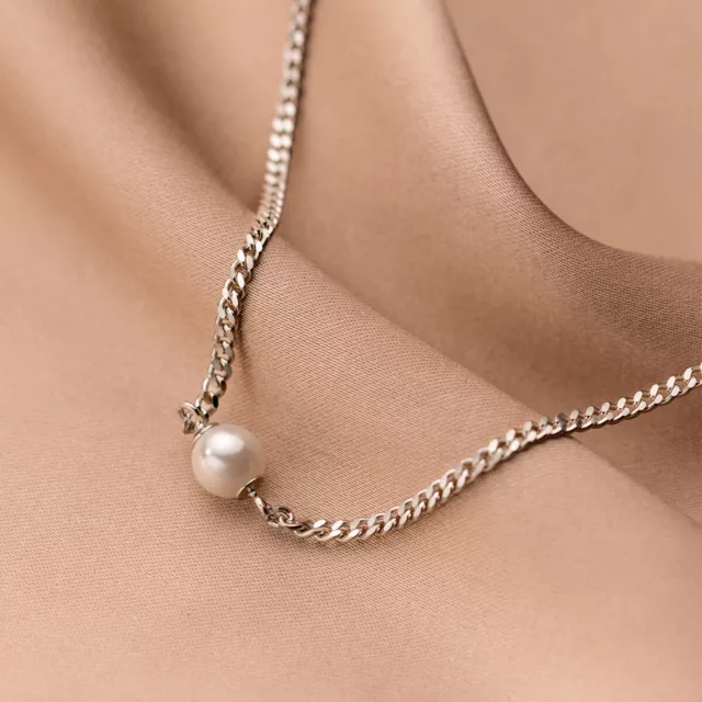 Fashion Women s925 Sterling Silver Pearl Round Charm Curb Chain Necklace 45cm 3