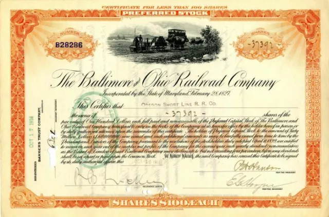 Baltimore and Ohio Railroad Co. Issued to Oregon Short Line R.R. Co. - Stock Cer