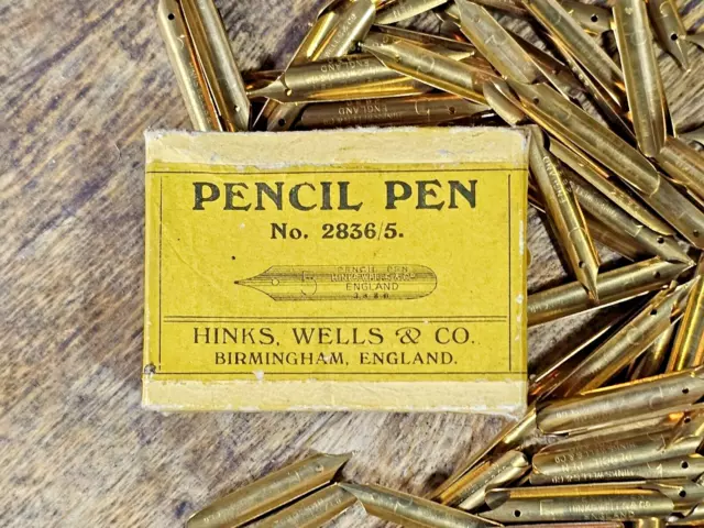 100x Vintage Hinks, Wells & Co Pencil Pen No. 2836/5 Brass Dip Pen Nibs in Box