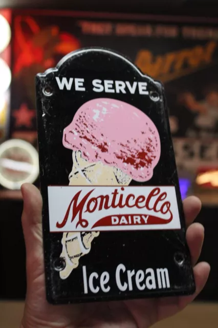 RARE 1950s MONTICELLO DAIRY ICE CREAM ART DECO EMBOSSED PAINTED METAL STORE SIGN