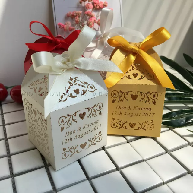 Luxury Personalised Name Date Love Laser Cut Wedding Favour Gift Boxes & Ribbons