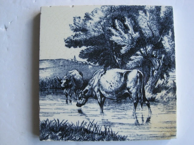 Antique Victorian Mintons Tile - Animals Of The Farm Series - Cows In Stream