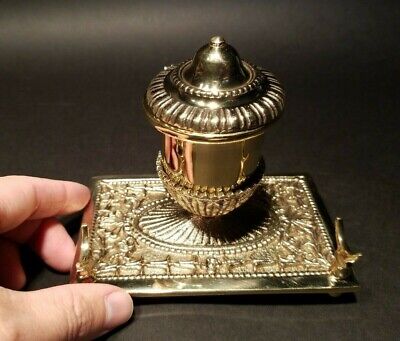 Antique Style Brass Pen Holder Inkwell Desk Stand