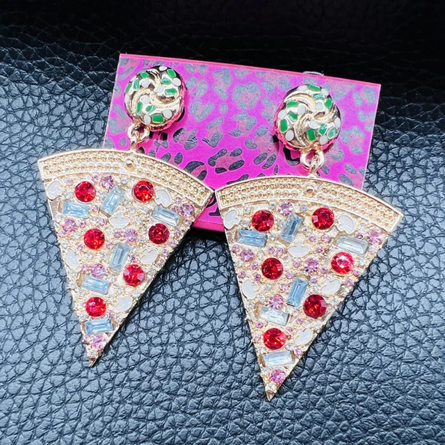 Betsey Johnson Colorful Crystal Rhinestone Cute Pizza Slice Dangle Earrings Gift