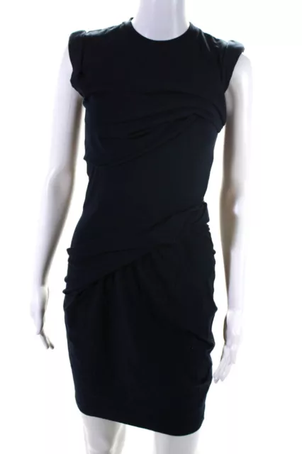 Carven Womens Ruched Jersey Sleeveless Crew Neck Sheath Dress Navy Size Small