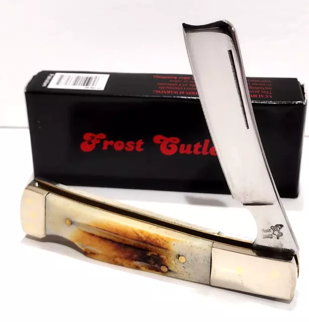 Frost Cutlery 2nd Cut Buck Bone Lockback Straight Razor Folding Pocket Knife