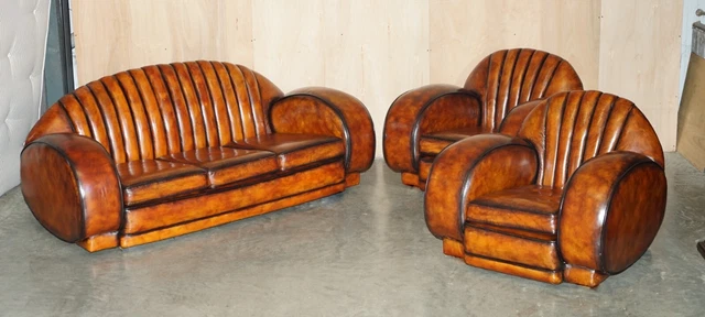 Exquisite Antique Art Deco 1920'S Restored Brown Leather Sofa & Armchair Suite