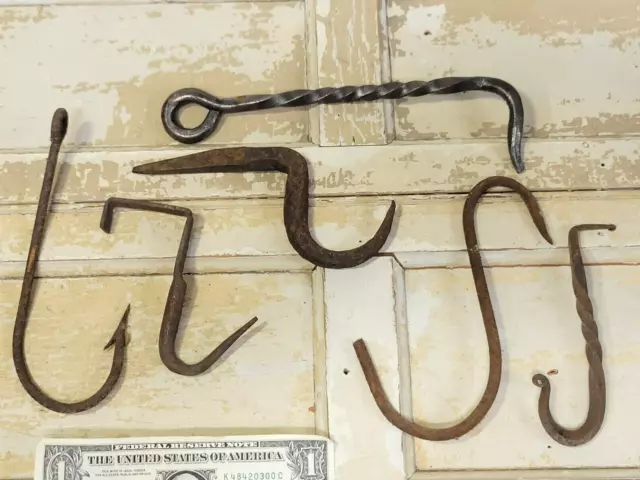 6 Antique Old Rusty HOOKS Meat Fish vtg Hand-Forged Wrought Iron Lot Blacksmith