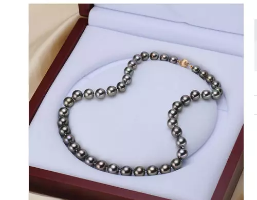 stunning round 18"9-10mm natural tahitian genuine black red pearl necklace 14k