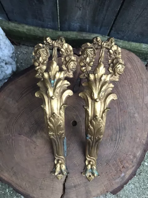 Antique French GILT METAL CURTAIN TIE BACK'S pair ormolu hooks brackets chateau