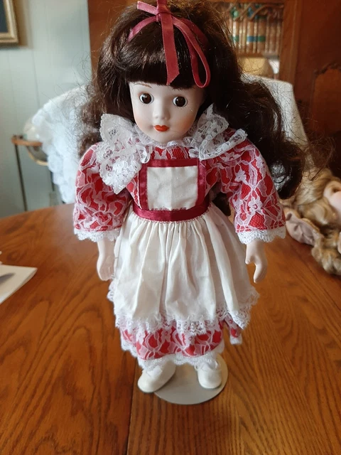 Bisque Porcelain Doll, Soft Body, 14 1/2" Tall, With Stand