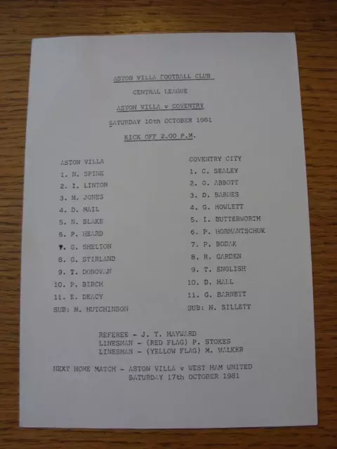 10/10/1981 Aston Villa Reserves v Coventry City Reserves  (Single Sheet)