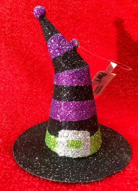 Pier 1 Imports Halloween 3" Glittered Witch Hat Ornament Black Purple Green NWT
