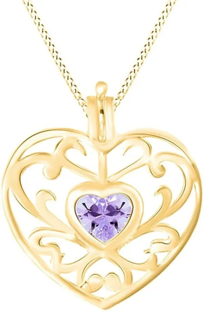 Simulated  Amethyst Filigree Heart Pendant Necklace in 14K Gold Plated Silver