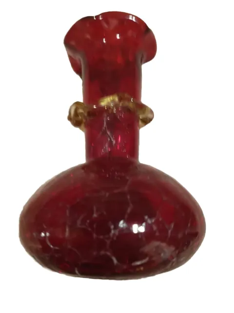 Vtg Blenko Ruby Red Crackle Glass Vase Bud With Applied Gold Trim, Sturdy