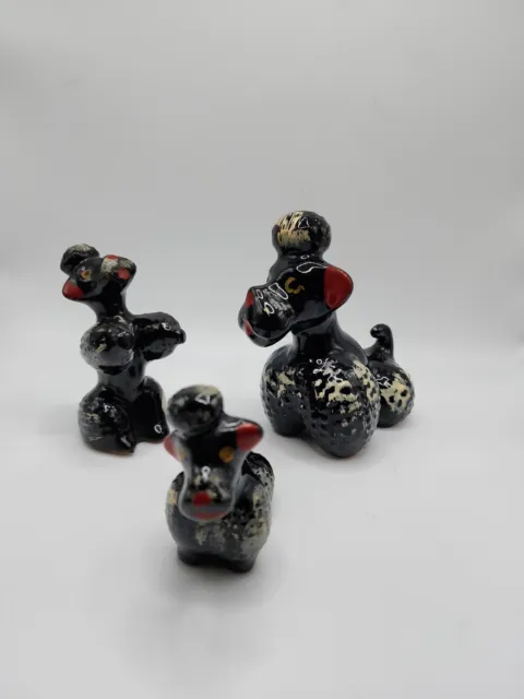 Black poodle dog and pups redware figures porcelain Vintage 50's Japan