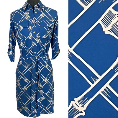 J McLaughlin Brynn Dress Blue White Bamboo Print Tie Waist Catalina Cloth Sz XS
