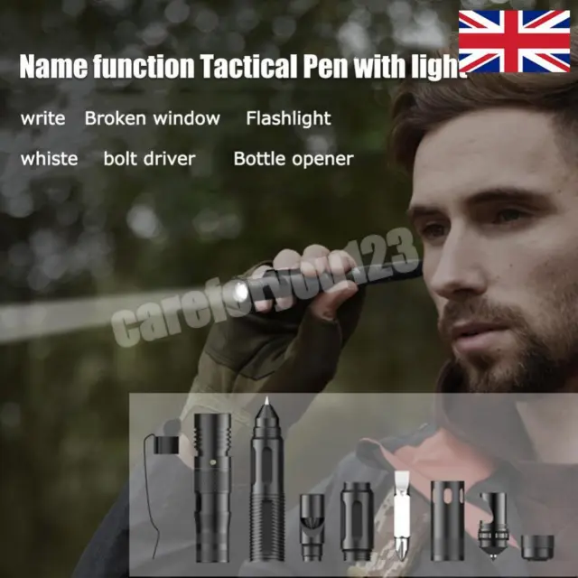 6 In 1 Multi-Function Whistle Pen Black Tactical EDC Pen Outdoor Survival Tool #