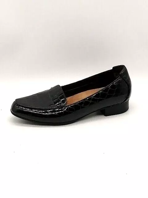 Clarks Womens Loafer Black Patent Leather Croc Slip On Dress Shoe Moc Toe 7.5