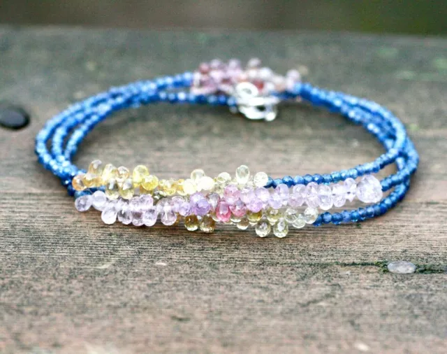 Natural Multi Colored Sapphire Wrap Bracelet Long Necklace Solid 14K White Gold