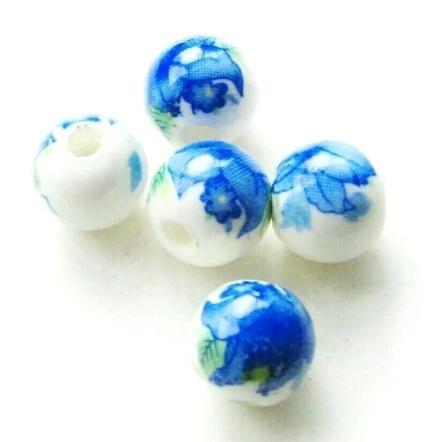 Porzellan Perlen Kugel Blume blau/weiß 10mm 10 Stück SERAJOSY