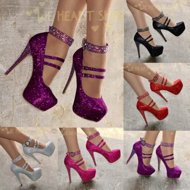 Ladies Diamante Stiletto Shoes Evening High Heels Ankle Strap Sparkly Sizes 3-8