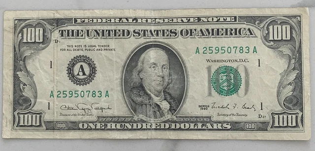 $100 ONE HUNDRED DOLLAR BILL - Old / Vintage 1990 - A District - Only 77 million