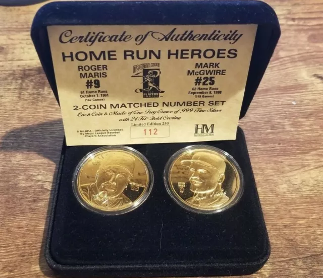 McGwire Maris Highland Mint Home Run Heroes 2 coin set. 24K GP .999 w/COA 1/250