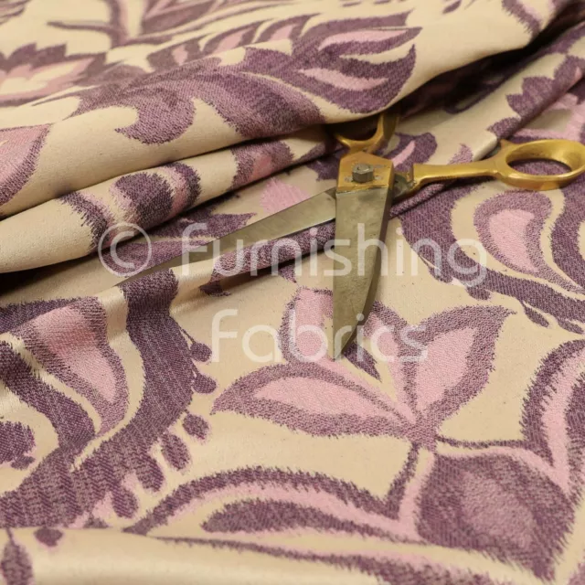 Fire Treated New Floral Damask Upholstery Curtain Furnishing Fabric Cream Purple