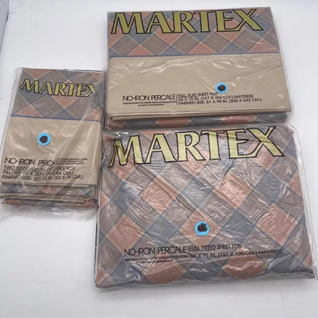 NOS Vintage Martex No Iron Percale Full Flat Fitted Sheet Set Pillowcases Plaid
