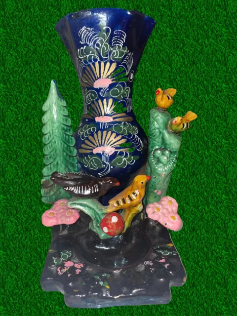 Unusual Hand Painted Glazed Ornamental Bird Decorative Vase Maiolica Style