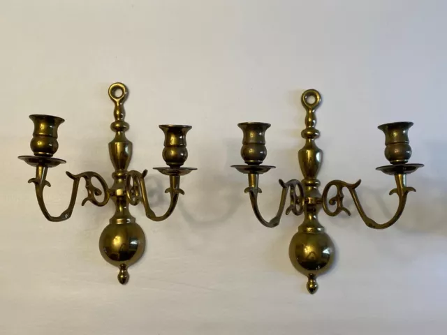 Pair of Vintage Brass Wall Sconces Twin Candlestick Holder Double Arm Candelabra