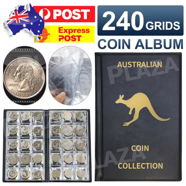 240 Coins Coin Album Australian Coin Collection Folder Book Holds Black/Gold AU