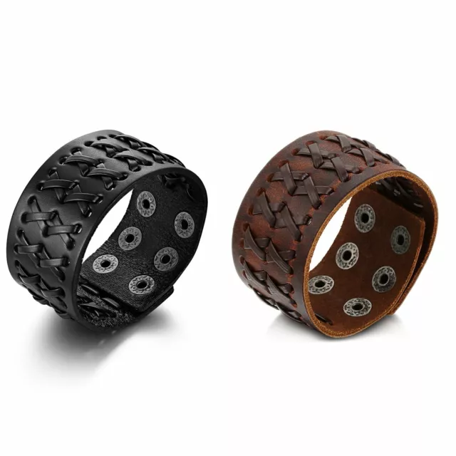 Men's Punk Wide Leather Cross Braided Cuff Bangle Bracelet Adjustable Wristband