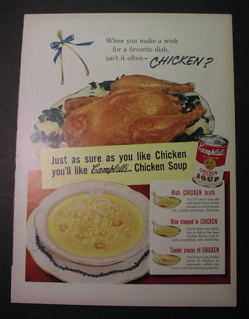 11 ads, 1927-1958, for CAMPBELL'S CHICKEN with RICE & Vegetable Beef Soups