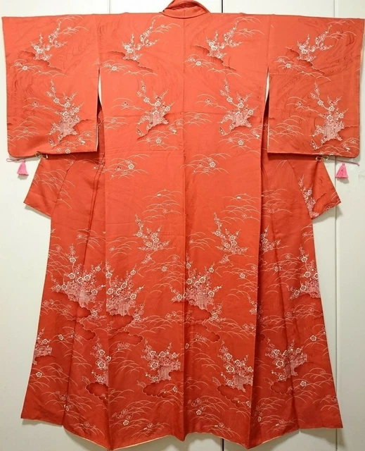 Woman Japanese Kimono Komon Silk Goshoguruma Plum Dew Lawn Vermillion