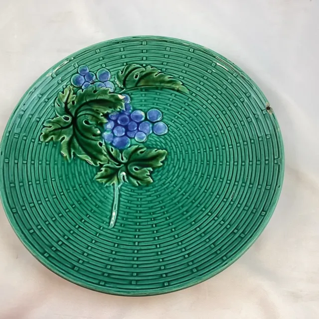 Majolica Zell Germany Green Basket Weave & Grapes Plate 1900's