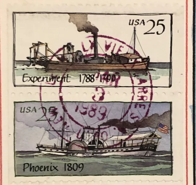 Wild Horse 1989 Steamboats HP Cachet #1/12 w/Block of 5 Stamps Sc 2405 - 2409 3