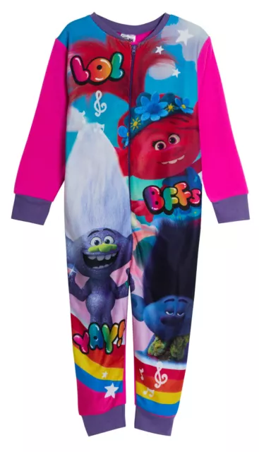 Trolls World Tour Girls Fleece All In One Pyjamas Kids Poppy Sleepsuit Nightwear