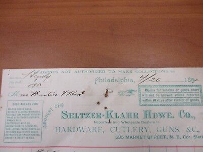 Vintage letterhead Seltzer Klahr Hardware Co Philadelphia PA Guns 4/20/1892