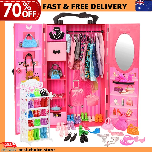 BARBIE DOLL FASHION Closet Wardrobe 73 Piece Clothing & Accessories Set  $68.20 - PicClick AU