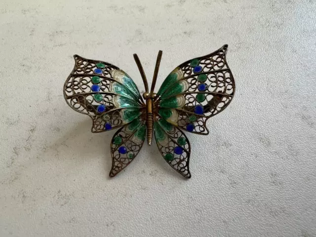 Vintage Antique 800 Silver Filigree & Enamel Butterfly Pin / Brooch